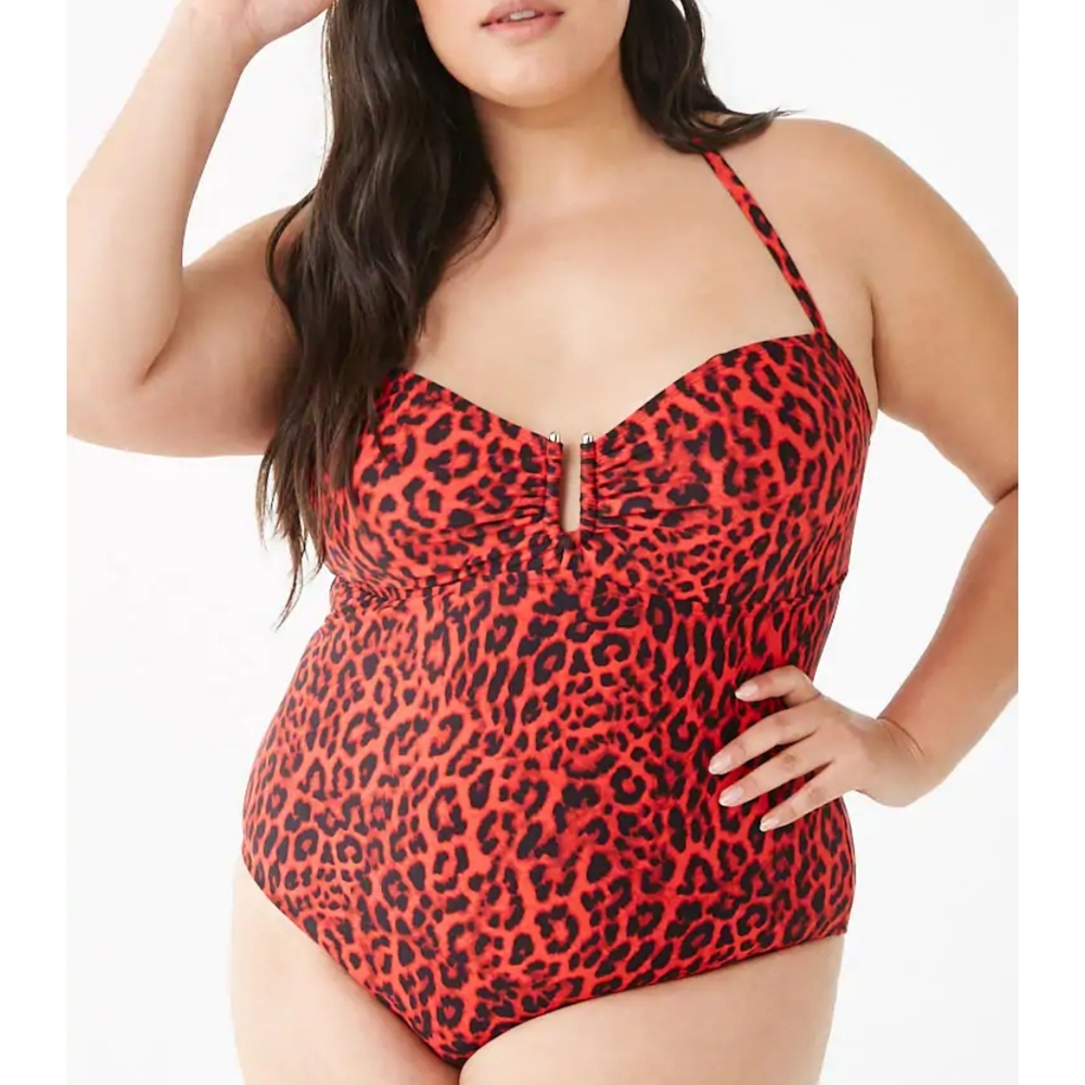 Red & Black Leopard Halter One Piece Swimsuit